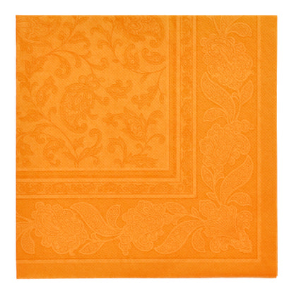 The napkins "ROYAL Collection" 1/4-fold 40x40 cm by PAPSTAR GmbH 20 Napkins in orange have an embossed floral and leaf border with a subtle swirl design in the center - ideal for elegant table decoration.