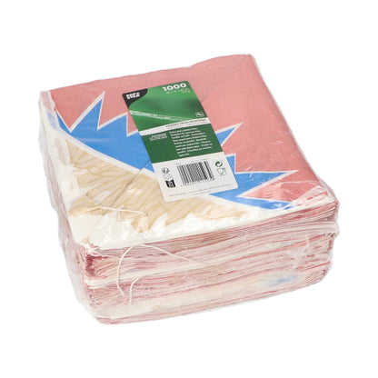 In einer versiegelten Kunststoffpackung der PAPSTAR GmbH befinden sich 1.000 „Zick-Zack“-Pommes-Frites-Spitztüten aus Pergamentersatz mit buntem Design und grünem Produktetikett auf der Oberseite.