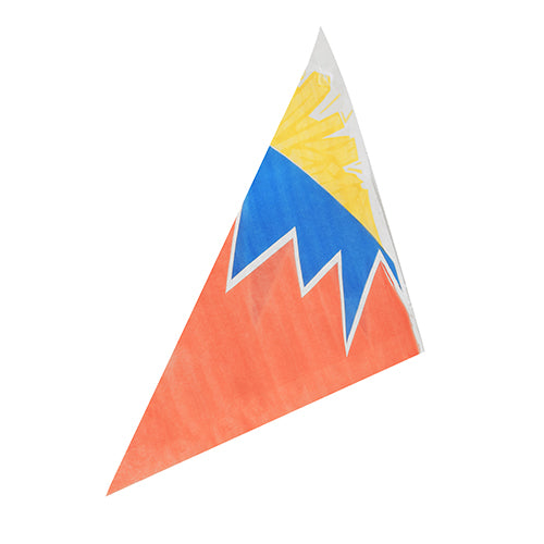 Die PAPSTAR 1000 Pommes-Frites-Spitztüten „Zick-Zack“ der PAPSTAR GmbH bestechen durch ihr dreieckiges Design mit orangefarbenem Boden, blauen und gelben Zickzacklinien und einem weißen Sonnenschliff – und vereinen so verspielten Stil mit praktischem Pergamentersatz.