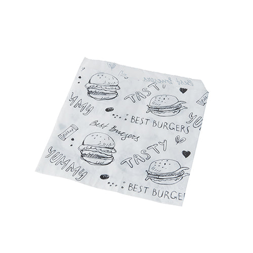 Die PAPSTAR 1000 Hamburger-Tüten, Pergament-Ersatz, fettdicht von der PAPSTAR GmbH ist weiß mit schwarzen Burger-Skizzen und verspielten Worten wie "TASTY" gestaltet - perfekt zu kombinieren mit passenden Burger-Tüten oder Newsprint-Wraps.