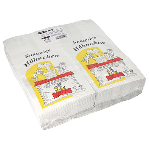 Ein Stapel Starpak 100 Hähnchenbeutel, Papier mit Alu-Einlage, zeigt weiße Beutel mit einer gelb-roten Hähnchenillustration und der Aufschrift „Knusprige Hähnchen“. Die umweltfreundlichen Starpak-Beutel sind oben mit einem Produktetikett versehen.