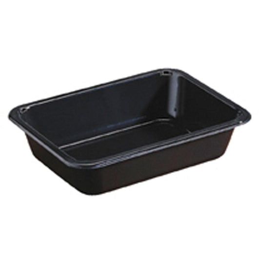 Der Duni GmbH CPET Take-Away klein Schwarz ist ein schwarzer, rechteckiger Kunststoffbehälter mit abgeschrägten Seiten und abgerundeten Ecken, ideal für Mahlzeiten unterwegs, auf weißem Hintergrund.