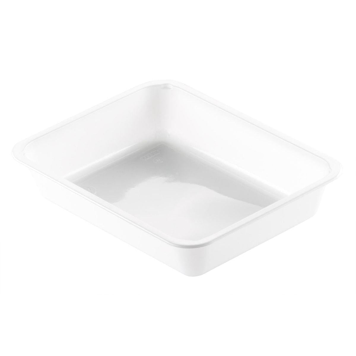 Die CPET-Schale 1 Weiß CPET der Duni GmbH ist eine rechteckige, weiße, hitzebeständige Lebensmittelschale mit glatten Kanten und flachen Seiten, ideal für Gastronomieverpackungen, abgebildet auf einem schlichten weißen Hintergrund.