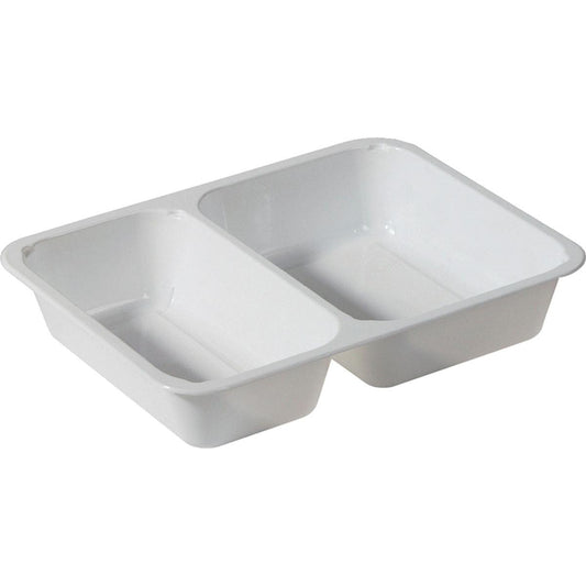 Die CPET-Schale 2 Weiß CPET 225x175x43 von Duni GmbH ist eine weiße Kunststoffschale mit zwei rechteckigen Fächern, ideal zur Aufbewahrung von Lebensmitteln oder zum Servieren. Mikrowellenfest und verkauft in Packungen von 300 Stück.
