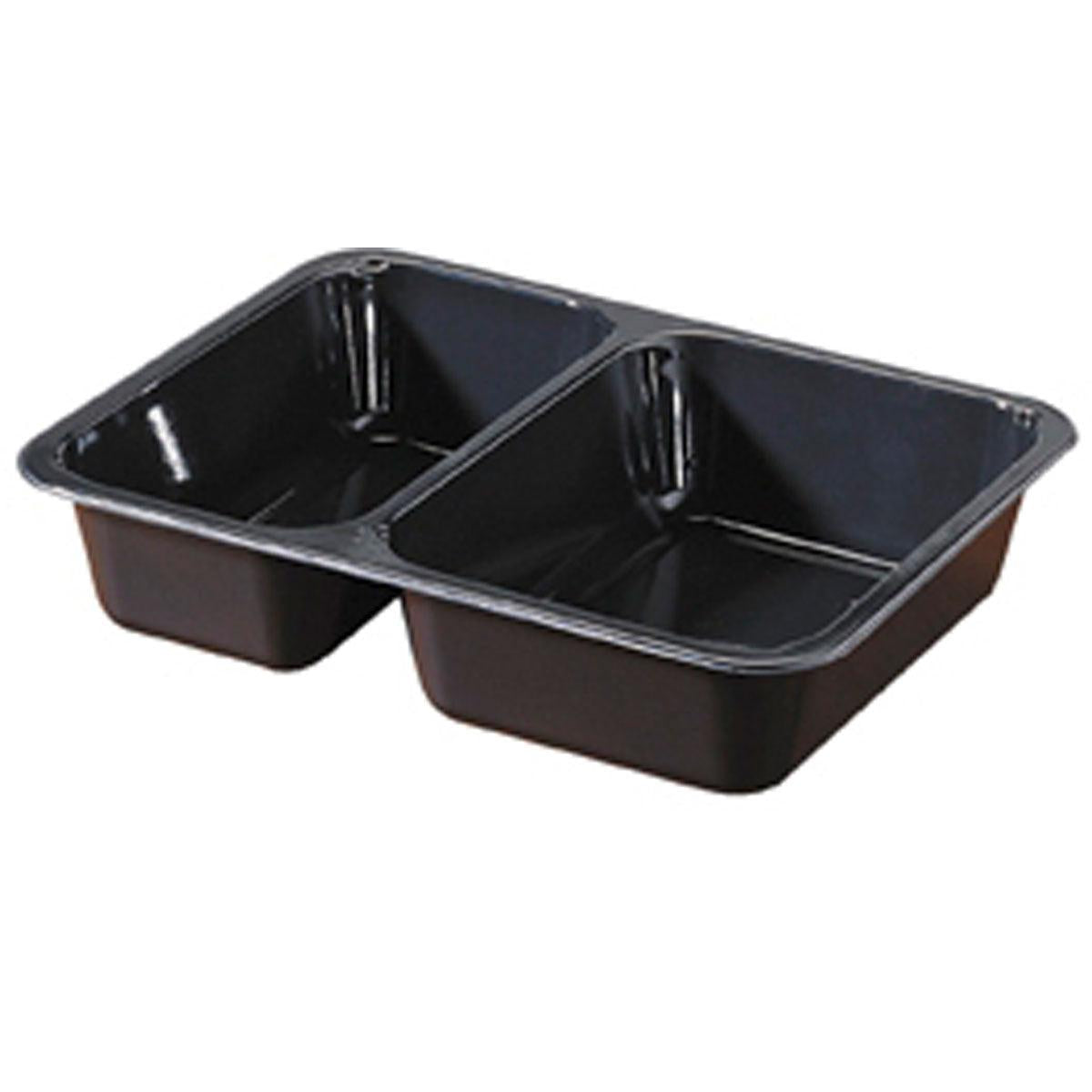 Die CPET-Schale 2 Schwarz CPET 225x175x43 von Duni GmbH ist eine schwarze Plastikschale mit zwei rechteckigen Fächern, ideal als Lebensmittelverpackung oder zum Servieren. Packung mit 300 Stück.