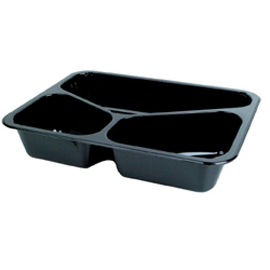 Die CPET-Schale 3 Schwarz CPET 225x175x43 von Duni GmbH ist eine schwarze Schale mit drei Fächern, ideal als Lebensmittelverpackung für Mahlzeiten. Abgebildet leer vor einem weißen Hintergrund. Verkauft in Packungen mit 300 Stück.