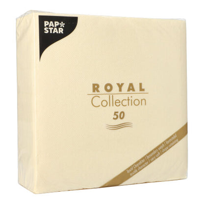 A champagne-colored pack of PAPSTAR 50 napkins "ROYAL Collection" 1/4-fold 40 x 40 cm from PAPSTAR GmbH in a simple packaging design with gold and black lettering.