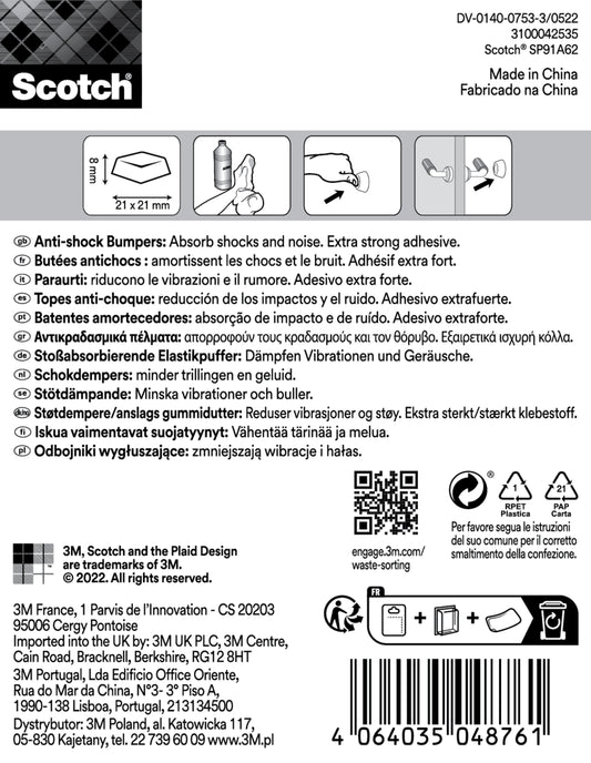 Scotch® Stoßabsorbierende Elastikpuffer für Wände SP91A62 (21 x 21 mm, transparent, 6/Packung) von 3M Deutschland GmbH: Verpackung mit mehrsprachigen Produktdetails, Anwendungssymbolen, Barcode und Recyclinghinweisen. Anti-Schock-Anleitung enthalten.