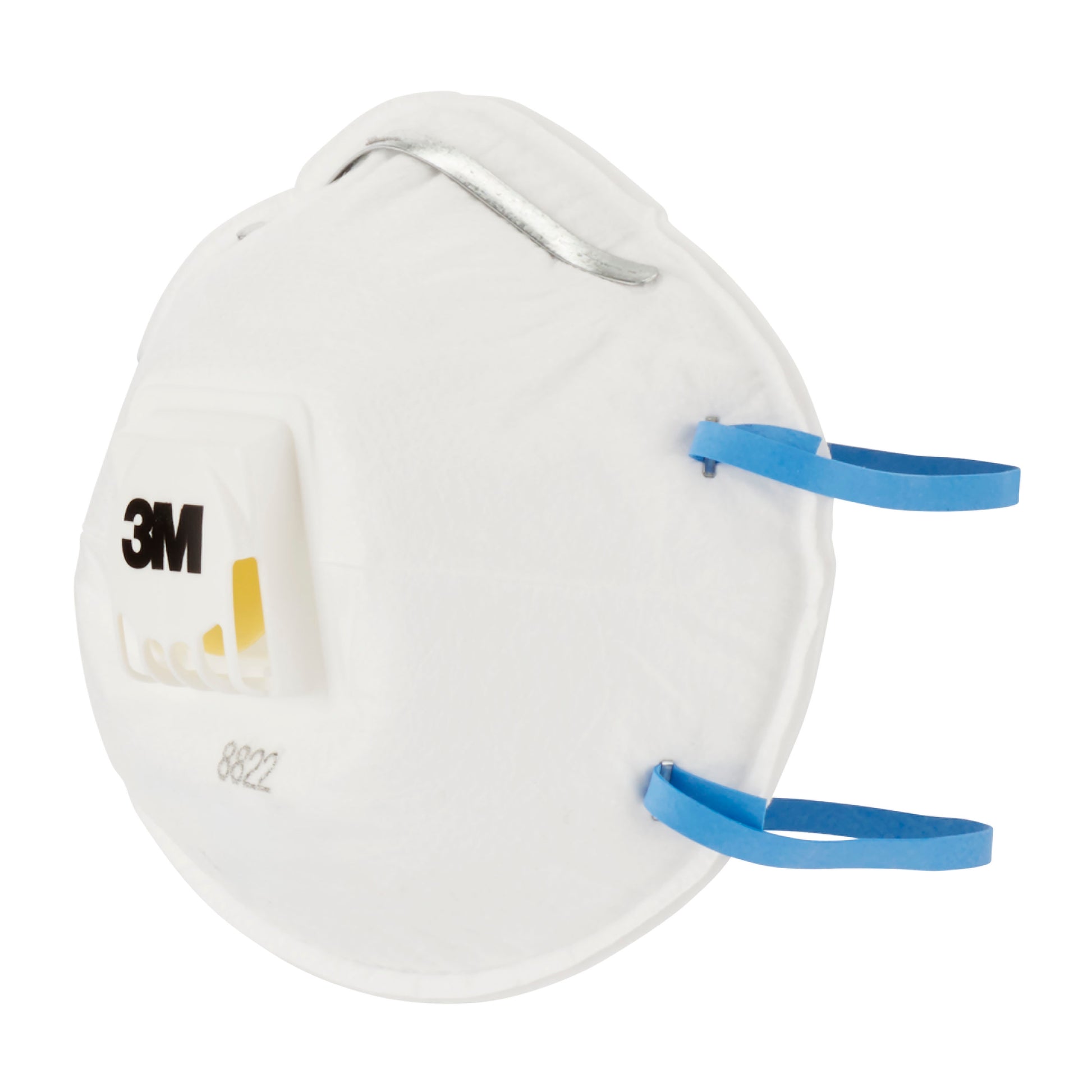 Eine 3M™ Cool Flow™ Partikelmaske 8822 FFP2 Atemschutzmaske der 3M Deutschland GmbH mit weißem Design, gelbem Ausatemventil, blauen elastischen Bändern und Metallnasenstreifen, fotografiert vor weißem Hintergrund.