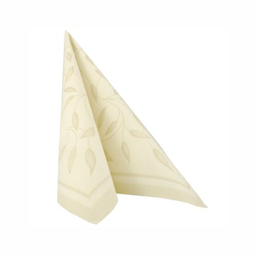 Eine gefaltete PAPSTAR 50 Servietten "ROYAL Collection" 1/4-Falz 40 x 40 cm in Champagner von PAPSTAR GmbH steht aufrecht vor einem schlichten weißen Hintergrund.