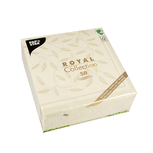 Abgebildet ist eine quadratische 50er-Packung PAPSTAR "ROYAL Collection" Servietten (40 x 40 cm, champagner) der PAPSTAR GmbH mit Blattmuster auf der Verpackung und dem PAPSTAR Servietten-Logo in der linken oberen Ecke.
