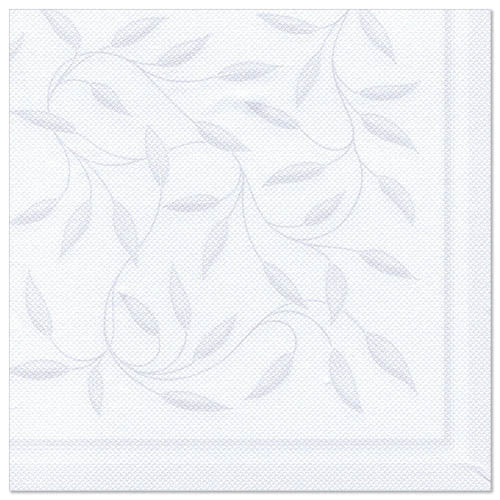 Die Servietten der PAPSTAR GmbH ROYAL Collection sind weiß, 40 x 40 cm, mit dezentem, geprägtem Blatt- und Rankenmuster in Hellgrau und zweizeiligem Rand. Die Packung enthält 50 Servietten, die in Viertel gefaltet sind.