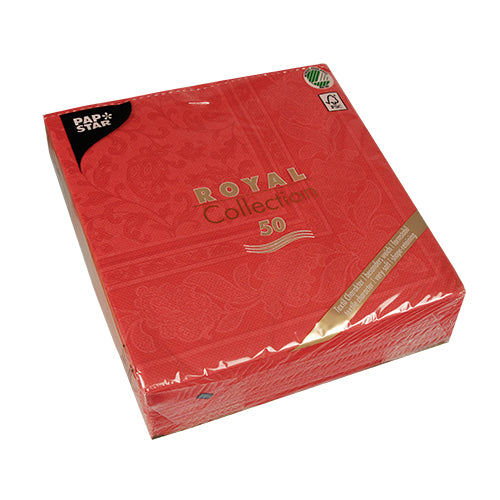 Eine Packung mit 50 PAPSTAR Royal Collection Servietten (40 x 40 cm, rot, 1/4-fach gefaltet) der PAPSTAR GmbH, verpackt in Kunststoff mit goldenem und weißem Text auf der Verpackung.