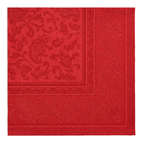 Die PAPSTAR GmbH 50 Servietten "ROYAL Collection" 1/4-Falz-Servietten (40 x 40 cm) in bordeaux zeigen ein dezentes Paisley- und Blumenmuster mit dekorativer Randeinfassung.