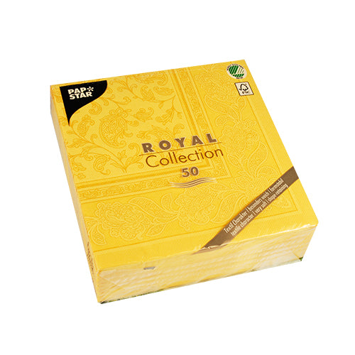Abgebildet ist eine versiegelte Packung von 50 PAPSTAR GmbH Servietten "ROYAL Collection" 1/4-Falz, 40 x 40 cm, gelb, mit geprägter Blumenverpackung, auf weißem Hintergrund.