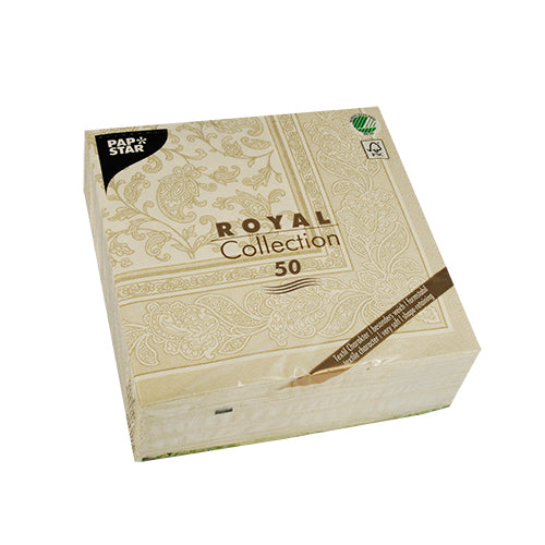 Abgebildet ist ein 50er-Pack PAPSTAR "ROYAL Collection" Servietten (1/4-Falz, 40 x 40 cm, champagner) der PAPSTAR GmbH auf weißem Hintergrund.