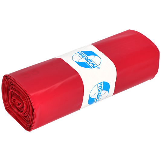 Ein gerolltes Bündel roter EMIL DEISS KG 11702 Müllsäcke (Typ 100, 575x1000 mm, 25 Stück) mit einem weißen "Premium"-Etikett in blauer Schrift; ideal für Werkstatt Baustelle. Das Produkt ist auf einem einfarbigen, hellen Hintergrund abgebildet.