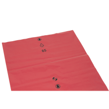 The red DEISS PREMIUM® 70L Recycling-LDPE garbage bag from EMIL DEISS KG (GmbH + Co.) is large, flat, and durable with three black printed symbols, including a 65 recycling symbol - perfect as an environmentally friendly garbage bag.