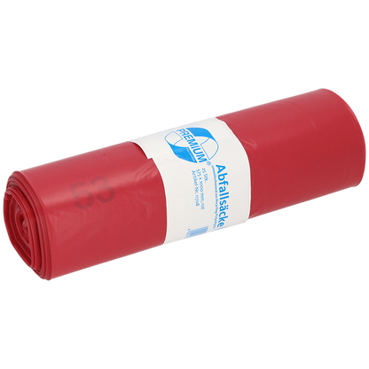 Eine Rolle DEISS Müllsäcke 575x1000x0,06 mm aus Recycling-LDPE 70 l von EMIL DEISS KG (GmbH + Co.) in rot, verpackt in einem weißen Etikett mit blauem Text und Grafik, abgebildet auf einem schlichten weißen Hintergrund.