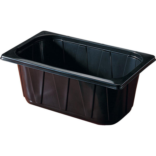 Die Duni GmbH PP Schale 1/4 GN Schwarz ist eine schwarze, rechteckige Speiseschale mit leicht verjüngten Seiten und breitem Rand, ideal für Buffetpräsentationen in der Gastronomie, abgebildet auf weißem Hintergrund.