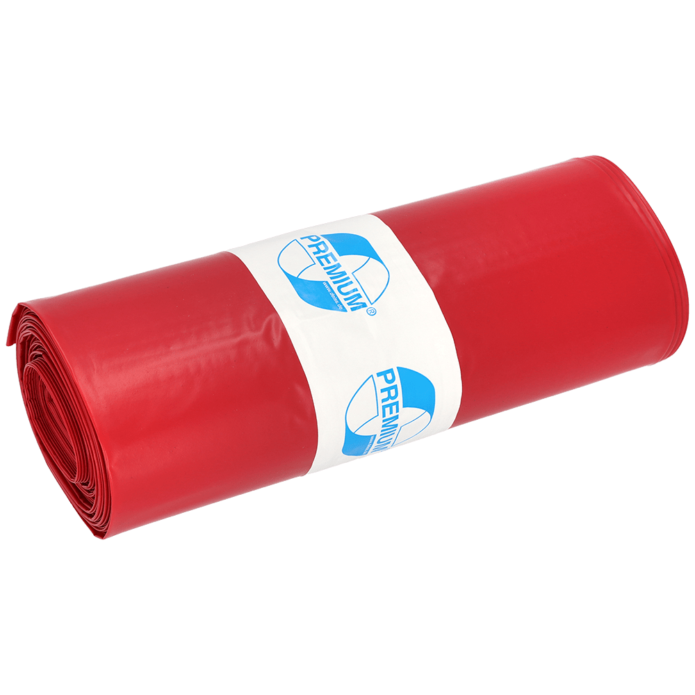 A tightly rolled bundle of DEISS garbage bags 575x1000x0.01 mm made of LDPE 70 l from EMIL DEISS KG (GmbH + Co.), with a white-blue "PREMIUM" label in the middle, stands against a plain white background.