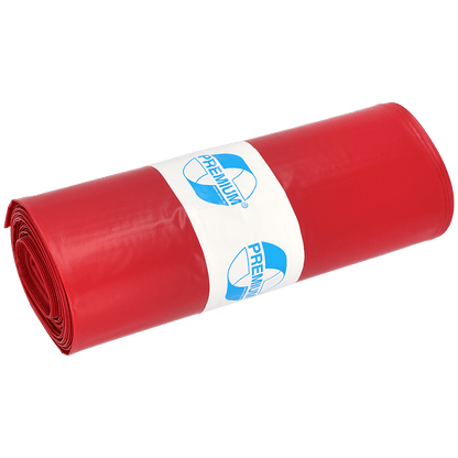A tightly rolled bundle of DEISS garbage bags 575x1000x0.01 mm made of LDPE 70 l from EMIL DEISS KG (GmbH + Co.), with a white-blue "PREMIUM" label in the middle, stands against a plain white background.