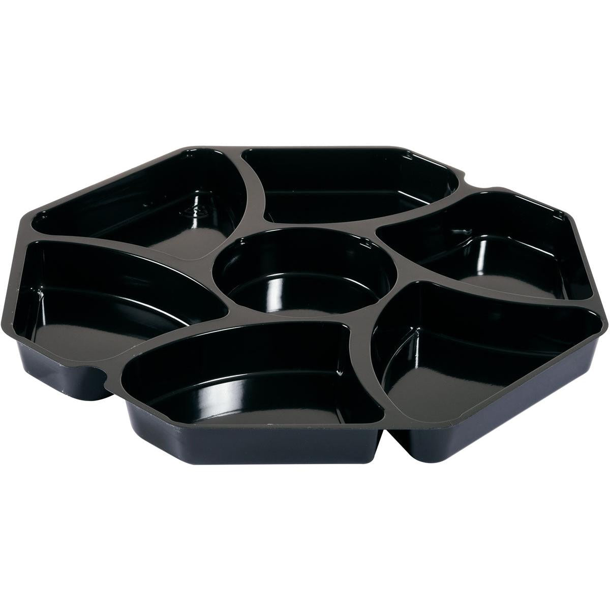 Der Octaview® Einsatz von Duni GmbH ist ein schwarzes PS-Tablett (284x284x25 mm) mit sechs Außenfächern und einem runden Mittelfach, ideal zum Servieren von Snacks. Abgebildet leer vor weißem Hintergrund, Packung à 150 Stück.