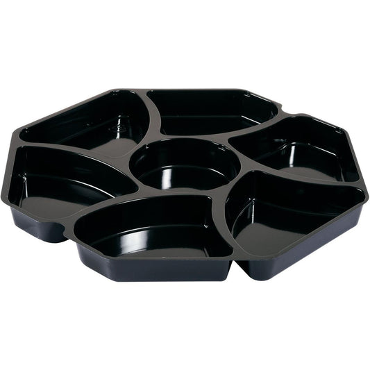 Der Octaview® Einsatz von Duni GmbH ist ein schwarzes PS-Tablett (284x284x25 mm) mit sechs Außenfächern und einem runden Mittelfach, ideal zum Servieren von Snacks. Abgebildet leer vor weißem Hintergrund, Packung à 150 Stück.