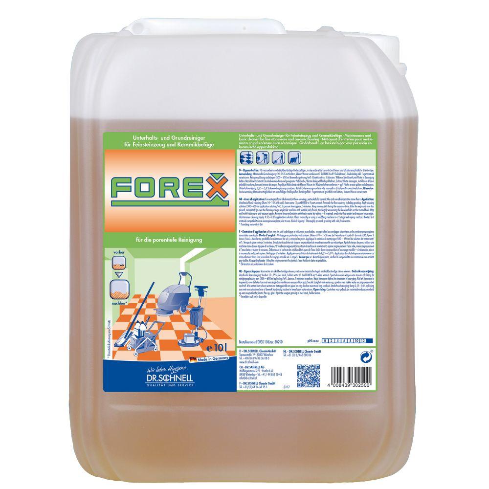 A 10L plastic container Dr. Schnell FOREX Alkaline Care and Basic Cleaner for porcelain stoneware and ceramic surfaces by DR.SCHNELL GmbH & Co. KGaA, with instructions, cleaning symbols, and an orange-white label.
