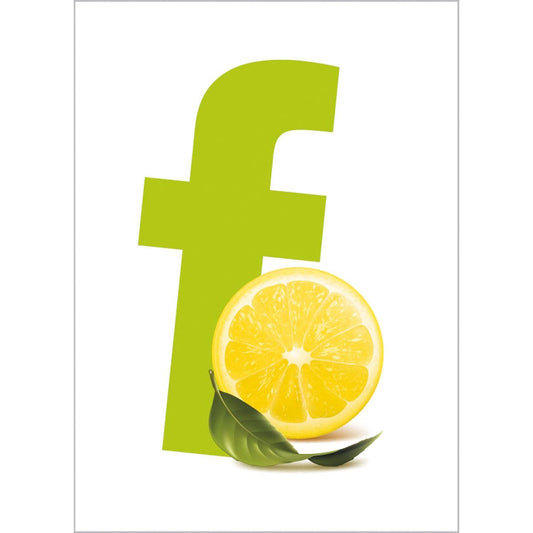 Ein fettes, kleingeschriebenes grünes "f" steht hinter einer halbierten gelben Zitrone mit zwei grünen Blättern auf Weiß - ideal für Duni GmbH Erfrischungstücher 71 x 51 mm Lemon | Packung (1000 Stück) mit erfrischendem Zitronenduft.