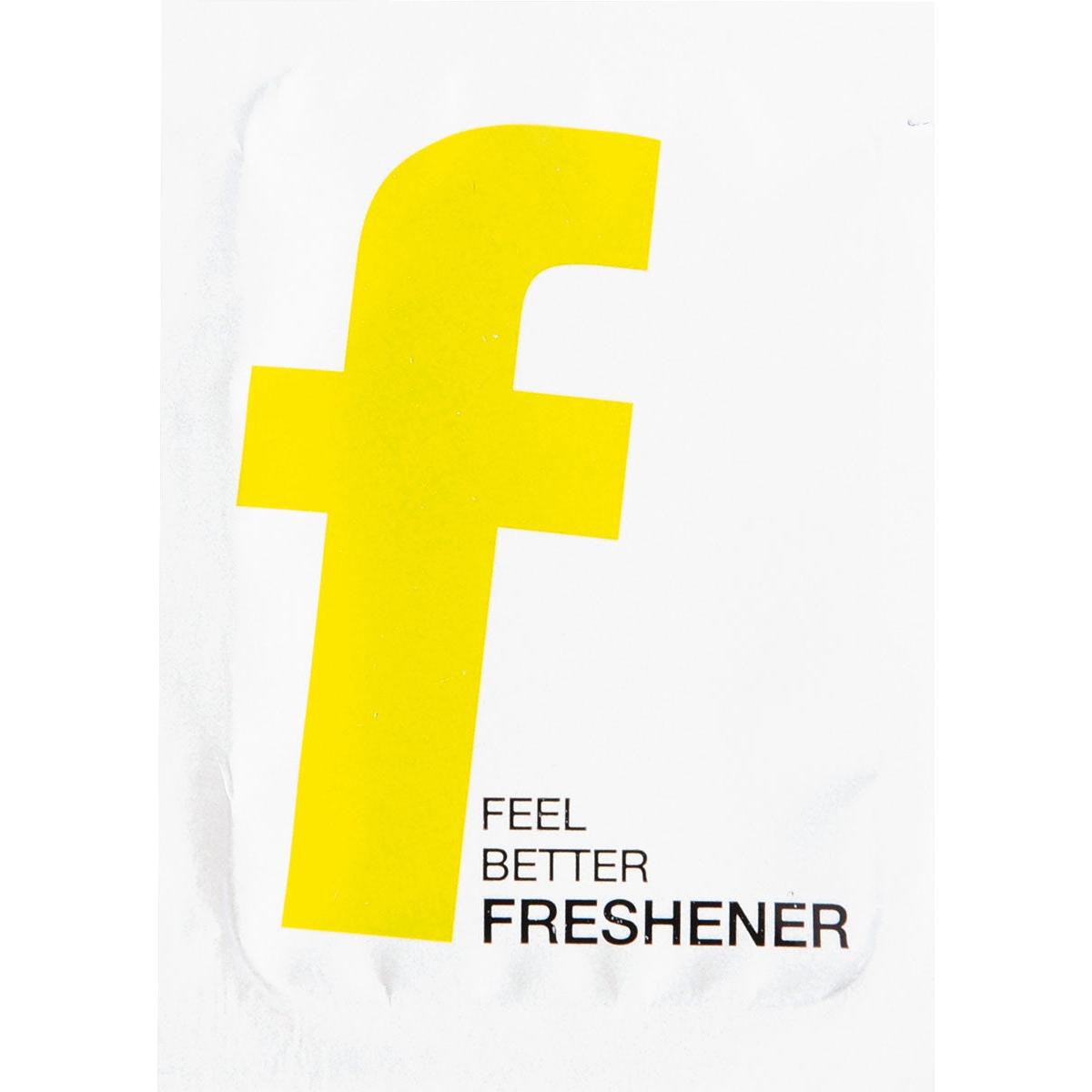 Ein fettes gelbes "f" in Kleinbuchstaben steht zentriert auf weißem Grund, darunter schwarzer Text: "FEEL BETTER FRESHENER" ("FRESHENER" in Fettdruck). Ideal für Duni GmbH Erfrischungstücher 71 x 51 mm Neutral | Packung (1000 Stück).