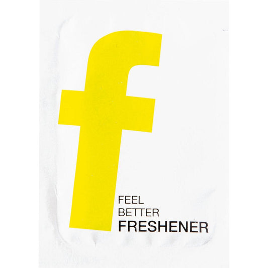 Ein fettes gelbes "f" in Kleinbuchstaben steht zentriert auf weißem Grund, darunter schwarzer Text: "FEEL BETTER FRESHENER" ("FRESHENER" in Fettdruck). Ideal für Duni GmbH Erfrischungstücher 71 x 51 mm Neutral | Packung (1000 Stück).
