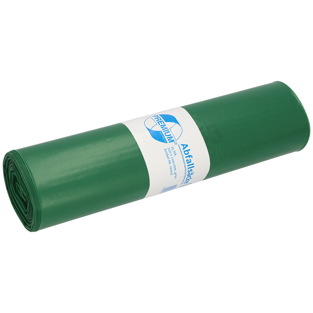 Eine Rolle DEISS 12003 grüner Abfallbeutel (700x1100x0,06 mm, 25 Beutel) von EMIL DEISS KG (GmbH + Co.), mit weiß-blauem Etikett mit Angaben zur professionellen Müllentsorgung.