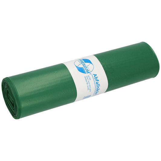 Eine Rolle DEISS 12003 grüner Abfallbeutel (700x1100x0,06 mm, 25 Beutel) von EMIL DEISS KG (GmbH + Co.), mit weiß-blauem Etikett mit Angaben zur professionellen Müllentsorgung.
