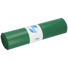 Ein dicht gerolltes Bündel grüner Müllsäcke (25 Stück pro Rolle) der EMIL DEISS KG (GmbH + Co.) DEISS 12004 - 700x1100x0,07 mm ist mit einem weißen Etikett mit blauem Text und Logo umwickelt, das auf weißem Hintergrund abgebildet ist.