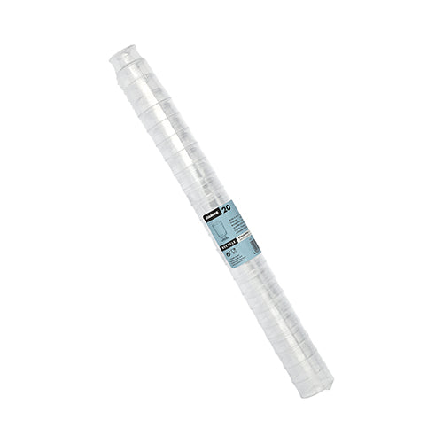 Die Starpak 20 Stiel-Gläser für Weißwein aus glasklarem PS im praktischen Zylinderpack mit blau-weißem Etikett überzeugen durch elegantes Design – ideal zum Servieren von Getränken bei jedem Event.