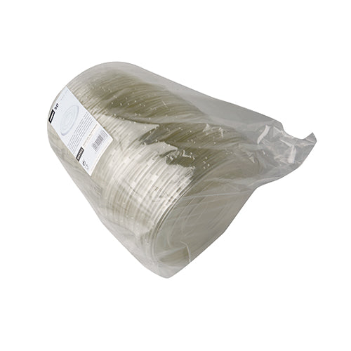 Ein durchsichtiger Plastikbeutel mit 50 runden Starpak R-PET-Deckeln für Salatschüsseln (Ø18 cm, 1,5 cm hoch), teilweise sichtbar mit seitlichem Etikett; aus strapazierfähigem R-PET für sichere Aufbewahrung.