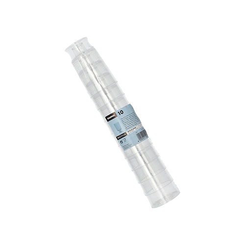 Eine Packung mit 10 Starpak-Gläsern mit klarem PS-Stiel für Weißwein (0,1 l, Ø 5,1 cm, 8,5 cm), einzeln, in Schrumpffolie mit einem blau-weißen Etikett mit Produktdetails.