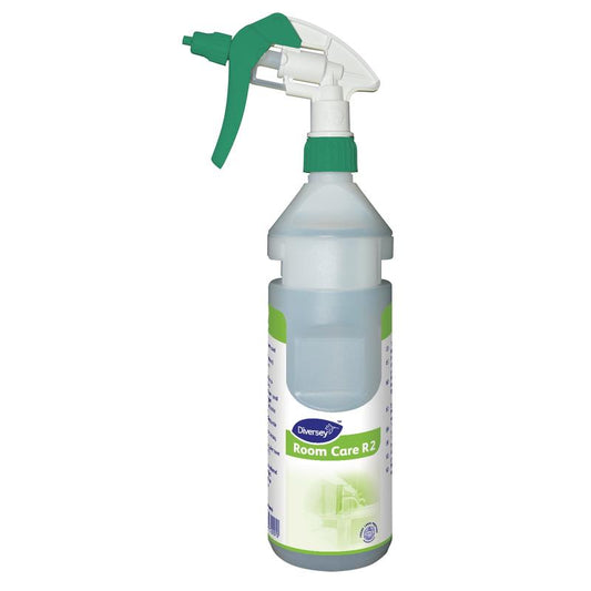 Die Room Care R2 Plus Sprühflasche, leer von Diversey Deutschland GmbH & Co. OHG ist eine transparente Flasche mit grün-weißem Sprühkopf – ideal für den Haushalt.