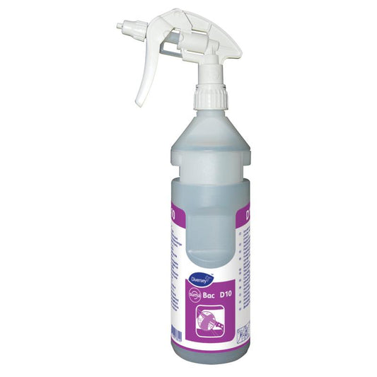 Eine klare Kunststoffflasche mit weißem Auslöser, die blaue Flüssigkeit und ein lila-weißes Etikett enthält, ist das Flaschenkit Suma Bac D10 conc (0,75l) von Diversey Deutschland GmbH & Co. OHG, geeignet für Divermite- und DQFM-Systeme.