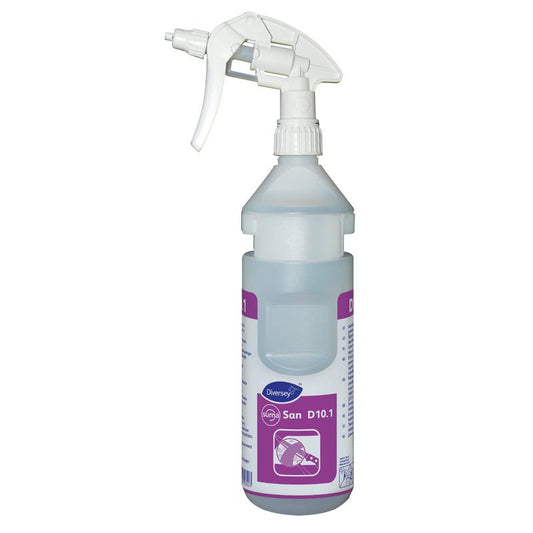 Eine 0,75L Sprühflasche aus klarem Kunststoff mit der Aufschrift "Flaschenkit Suma San-conc D10.1 conc" von Diversey Deutschland GmbH & Co. OHG, inkl. Spenderband und passend für Divermite & DQFM, konzipiert für den professionellen Nachfüllgebrauch.