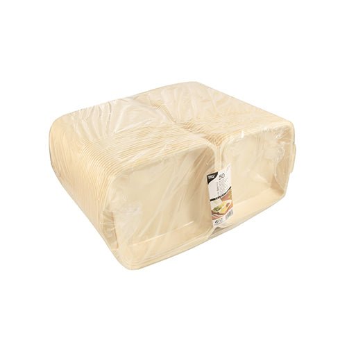 A stack of Starpak 50 menu boxes with a flip lid, XPS beige laminated, ideal as food packaging, wrapped in transparent plastic with a Starpak product label on the front.