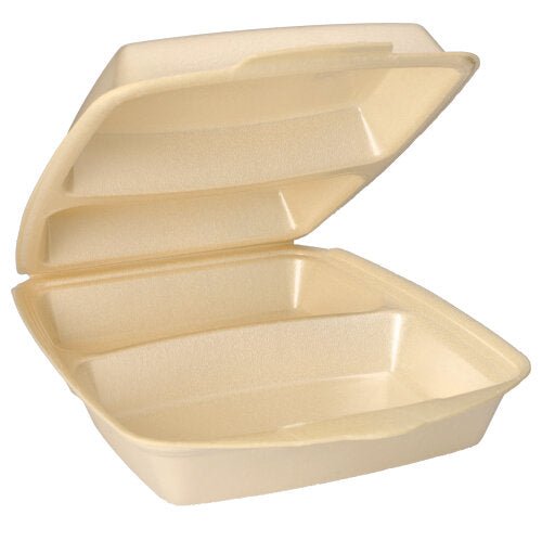 A Starpak 50 menu box with a flip lid, XPS beige laminated, is presented open and empty from an angled perspective.