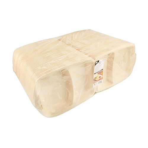 Ein großer Stapel Starpak 50 Menüboxen mit Klappdeckel, XPS beige laminiert, in durchsichtige Folie eingewickelt mit teilweise sichtbarem Etikett – ideal als Speisenverpackung zum Servieren von Mahlzeiten oder zum Kombinieren mit Menüboxen.
