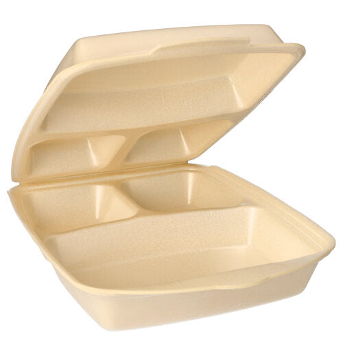 Die Starpak 50 Menüboxen mit Klappdeckel, XPS beige laminiert sind geöffnet und mit hochgeklapptem Klappdeckel abgebildet, so dass sich im Inneren drei separate Fächer für Lebensmittelverpackungen befinden.