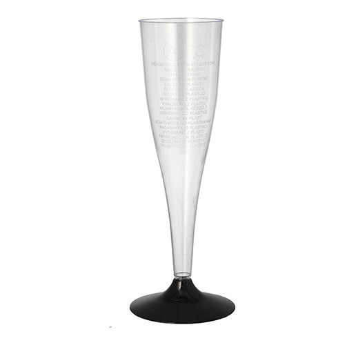 Ein glasklares Starpak Sektglas (PS, 0,1 l, Ø 5 cm, 17,5 cm) mit schwarzem Fuß steht vor weißem Hintergrund. Schrumpffolie-Verpackung (5 Stück). Ideal für festliche Anlässe.