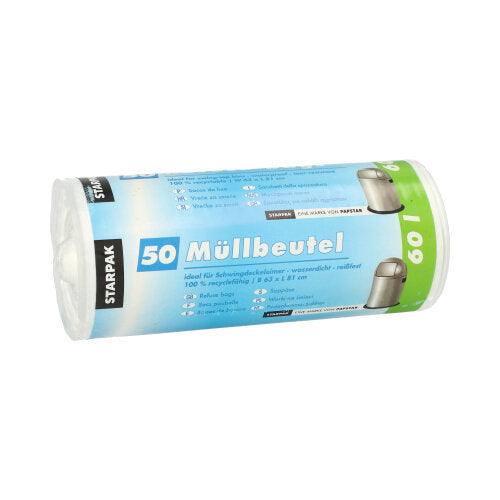 A roll of 50 Starpak garbage bags, white HDPE bags (60 l, 81 x 63 cm), with German labeling and packaged in a sleeve with the Starpak logo.
