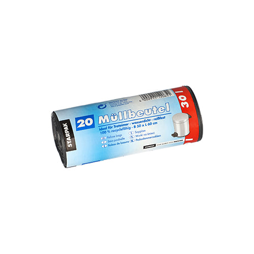 Eine Rolle mit 20 Müllbeuteln (30L, 60x50 cm, grau) der Marke Starpak in einer Banderole. Das Etikett zeigt einen Mülleimer und Produktdetails. Hergestellt aus strapazierfähigem LDPE-Material.
