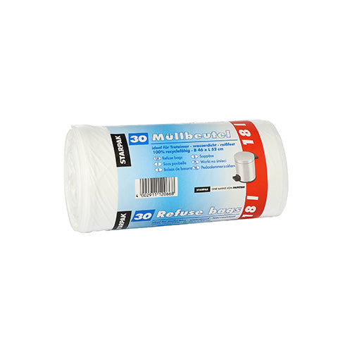 Eine Rolle mit 30 Starpak 30 Müllbeuteln (18 l, 52 cm x 46 cm, weiß, LDPE) mit blau-weißer Banderole mit der Aufschrift „Müllbeutel“ und „Refuse bags“ sowie einem kleinen Mülltonnen-Motiv. Marke: Starpak.