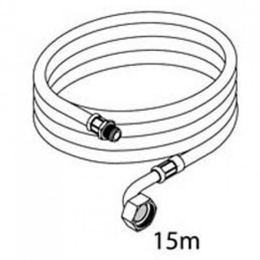 Schwarz-weiße Strichzeichnung des 15 Meter langen "Schlauch zu J2000, mit Schnellkupplung" von Diversey Deutschland GmbH & Co. OHG, mit Anschlüssen an beiden Enden und einer Schnellkupplung zur einfachen Befestigung.